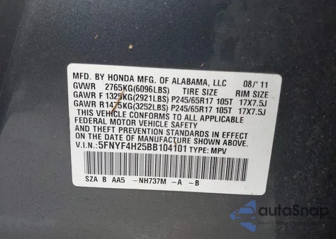 2011 Honda Pilot Lx z USA, uszkodzony, nr VIN 5FNYF4H25BB104101